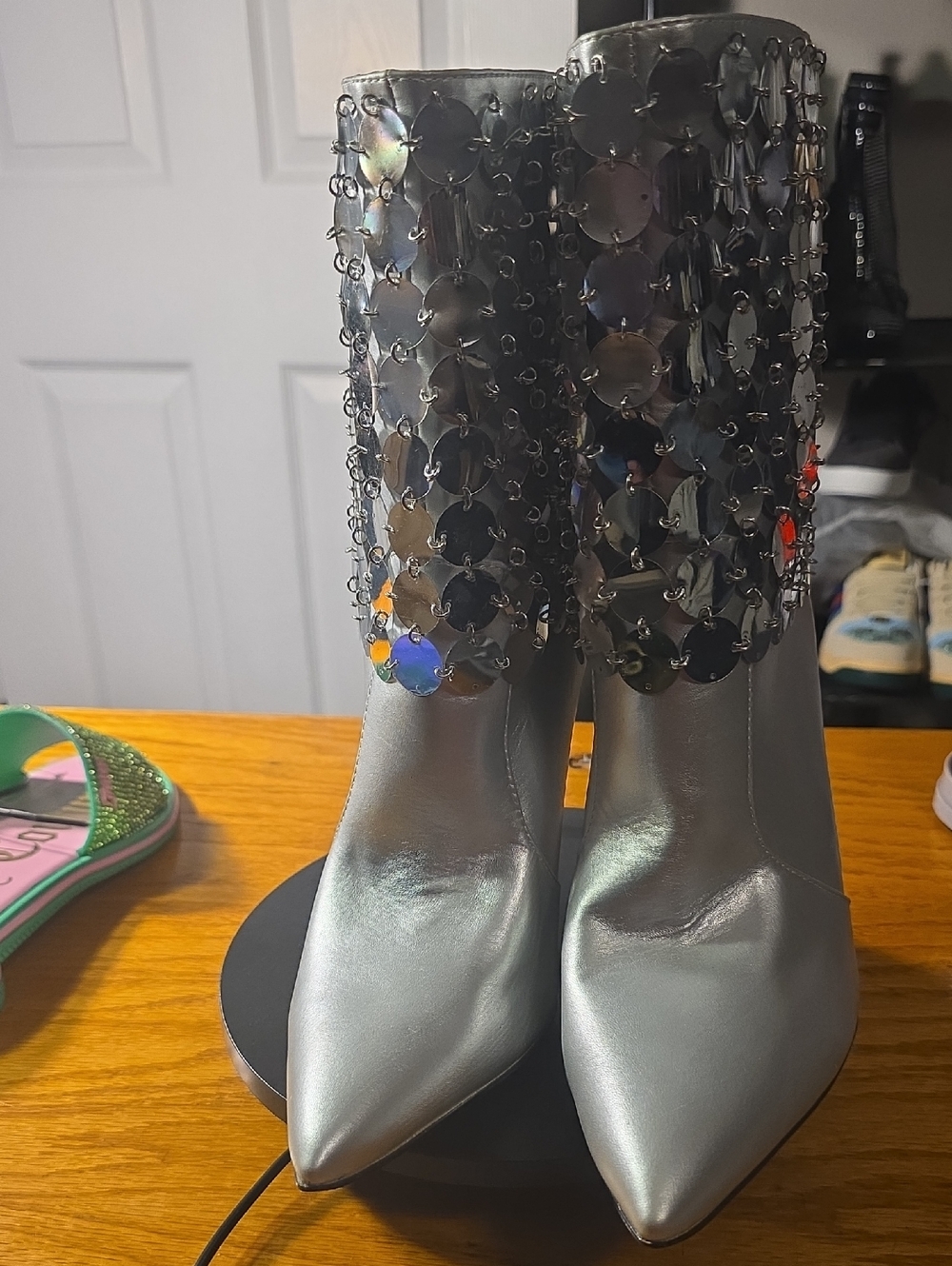 Metallic Silver Embellished Womens Ankle Boot